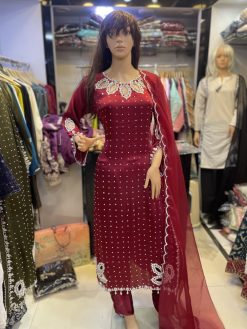 Maroon silk hand-embroidered long dress with dupatta – Talash Wardrobe